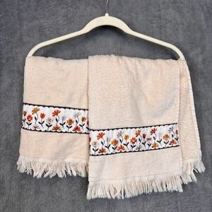 Vintage Cannon Gold Label Embroidered Floral Fringe Bath Towels Cream‎ Set of 2